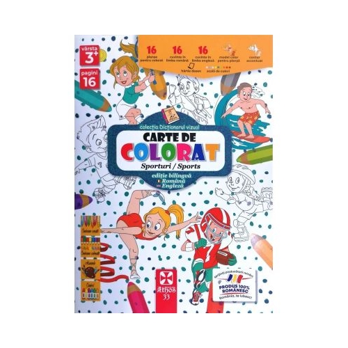 Carte de colorat pentru cei mici contine imagini cu activitati sportive. Varsta 3