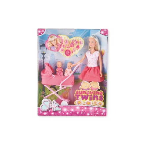 Papusa Steffi fusta roz cu carucior si gemeni