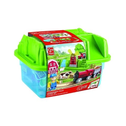 Set Trenulet rustic cu cutie de depozitare Hape