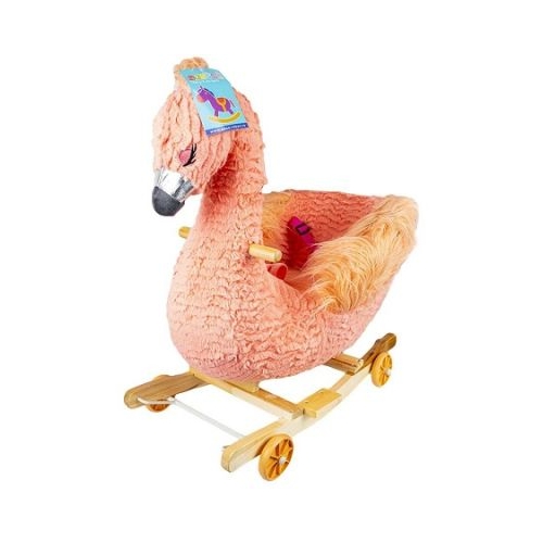 Balansoar pentru bebelusi Flamingo lemn  plus cu rotile roz 66 cm
