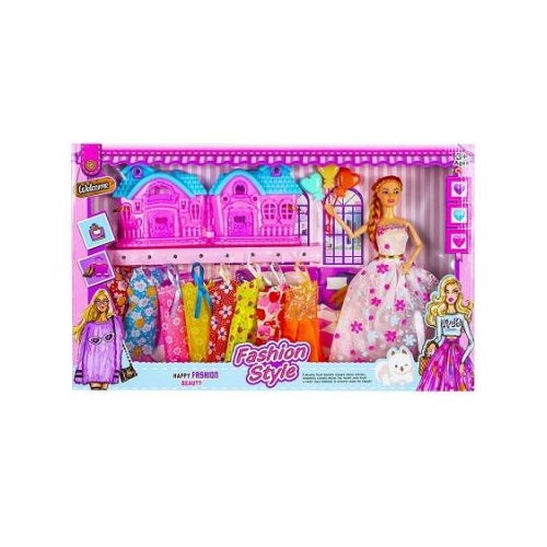 Papusa cu garderoba si casuta