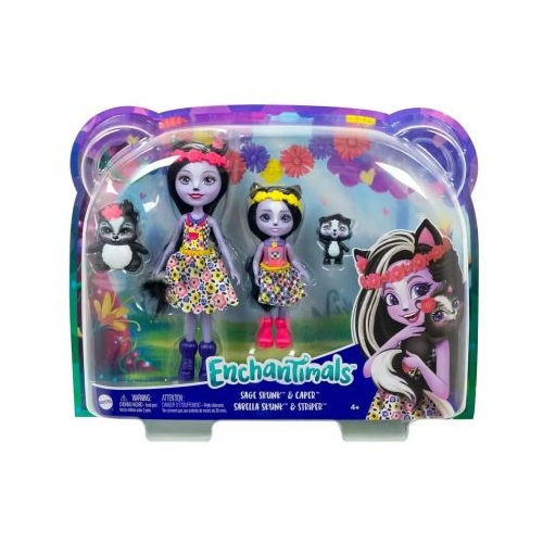 Enchantimals set papusi surori si animalutele lor. Sage Skunk cu Caper si Sabella Skunk cu Striper