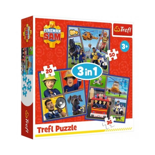 Puzzle 3-in-1 Pompierul Sam. O zi din viata pompierilor Trefl