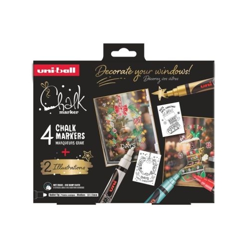 Set 4x Marker cu creta PWE-5M XMAS Traditional 1. 8-2. 5 mm  2 sabloane A3 UNI Chalk M1561