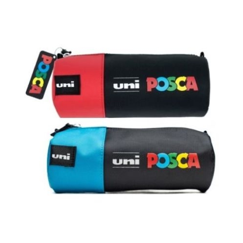 Set Penar cilindric albastru si rosu cu fermoar set 2x 16 markere 5M 3M 1M - Posca