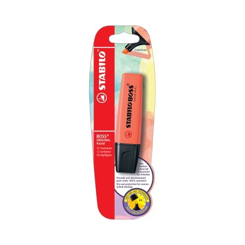 Textmarker Stabilo Boss Original corp plastic in culoarea cernelei varf retezat 2-5 mm rosu coral blister