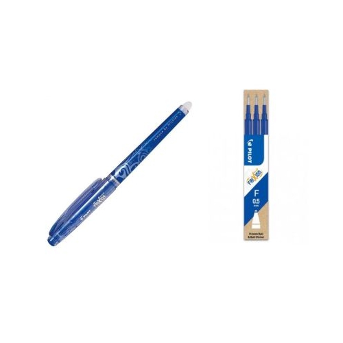 Pachet Roller Pilot Frixion PBL-FRP5-L 0. 5mm albastru cu guma de sters si Rezerva roller cu gel Pilot Frixion Ball 3 bucatiset