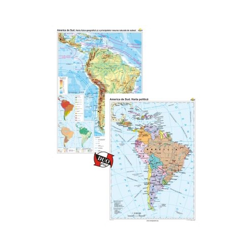America de Sud. Harta fizico-geografica si a principalelor resurse naturale de subsol si America de Sud. Harta politica Duo Plus 120x160 cm CR-3114DPA