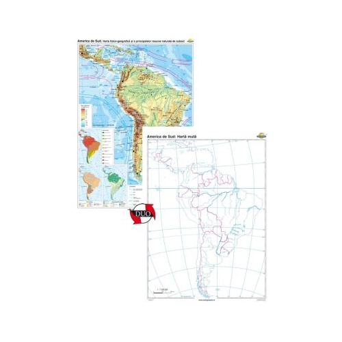 America de Sud. Harta fizico-geografica si a principalelor resurse naturale de subsol Duo 100x140 cm CR-3114DB