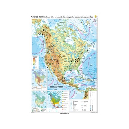 America de Nord. Harta fizico-geografica si a principalelor resurse naturale de subsol 120x160 cm CR-3113A