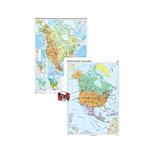 America de Nord. Harta fizico-geografica si a principalelor resurse naturale de subsol si America de Nord. Harta politica Duo Plus 100x140 cm CR-3113DPB