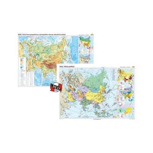 Asia. Harta fizico-geografica si a principalelor resurse naturale de subsol si Asia. Harta politica Duo Plus 140x100 cm CR-3111DPB
