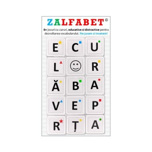 ZALFABET - Set de 6 jocuri cu zaruri si litere educative si distractive pentru dezvoltarea vocabularului