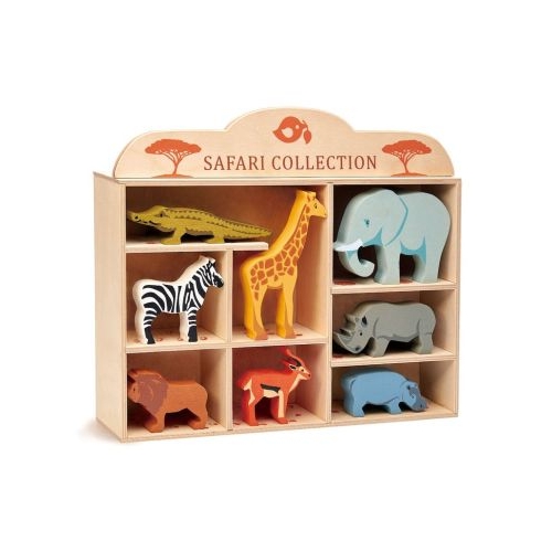 Animalute savana pe raft din lemn premium Safari Collection 8 piese