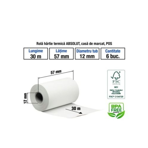 Hartie termica pentru casa de marcat si POS 57mm x 30m alb 1 exemplar set 10 role