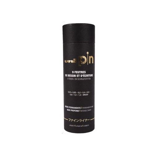 Liner UNI PIN-200 set 9 buc  cutie cadou cilindrica varfuri diverse negru