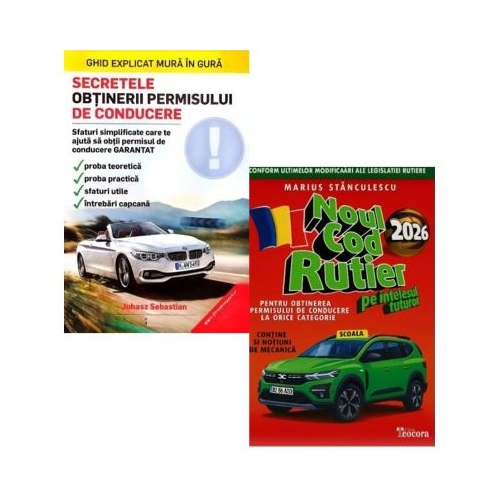 Pachet 2 carti Noul cod rutier 2026 pe intelesul tuturor si Secretele obtinerii permisului de conducere - Marius Stanculescu Sebastian Juhasz