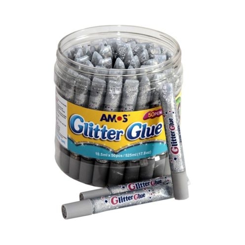 Lipici lichid cu sclipici argintiu borcan cu 50 buc Amos GCL10BK50