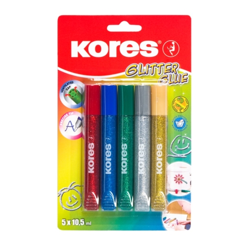 Lipici Kores, culori cu sclipici, 10 g, 5 culori/blister