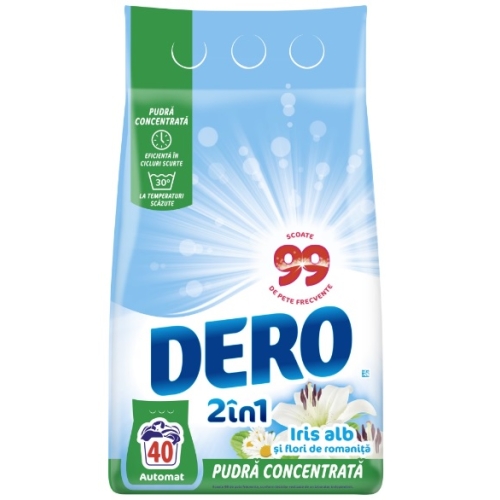 Detergent pudra automat 2 in 1 Iris alb si flori de romanita, 40 spalari, 4kg, Dero. Produs pentru curatarea si igienizarea hainelor si rufelor