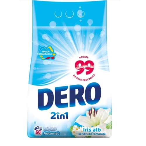 Detergent pudra automat Iris Alb si flori de romanita, 60 spalari, 6kg, Dero. Produs pentru curatarea si igienizarea hainelor si rufelor