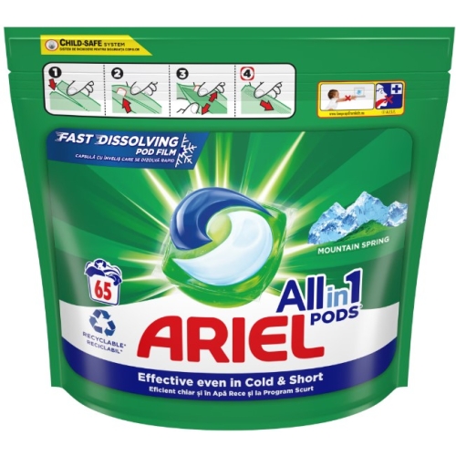 Detergent de rufe capsule 65 spalari, Ariel - All In One Pods Mountain Spring