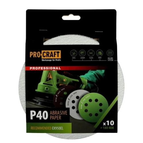Disc abraziv pentru slefuitor cu excentric KB180.40 PROCRAFT (Set 10 buc) Diametru: 180 mm Granulatie: P40