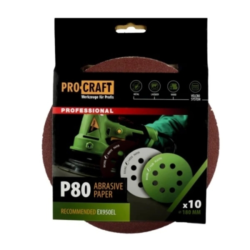 Disc abraziv pentru slefuitor cu excentric KD180.80 PROCRAFT (Set 10 buc) Diametru: 180 mm Granulatie: P80