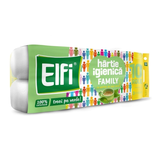 Hartie igienica 100% celuloza Ceai Verde, 10 role, 3 staturi, Elfi - Family