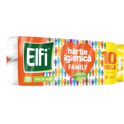 Hartie igienica 100% celuloza, 10 role, 2 staturi, Elfi - Family, Produse de igiena si curatare baie