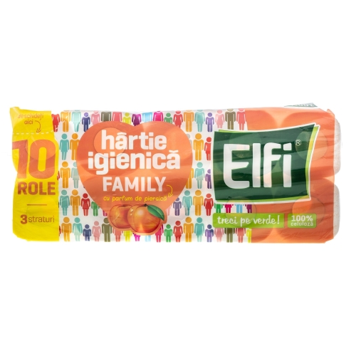 Hartie igienica Piersica, 100% celuloza, 10 role, 3 straturi, Elfi - Family, Produse de igiena si curatare baie