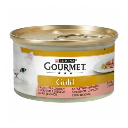 Hrana umeda pentru pisici, Bucati de carne in sos cu Pui si Somon, conserva 85 g, Purina Gourmet Gold
