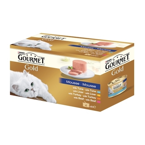 Hrana umeda pentru pisici, Mousse cu Vita / Curcan / Ficat / Ton, 4 conserve x 85 g, Purina Gourmet Gold