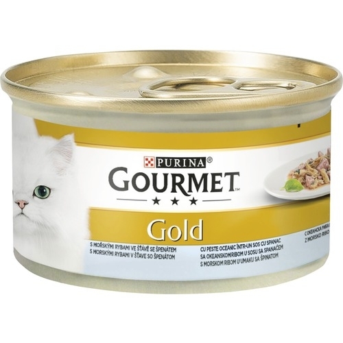 Hrana umeda pentru pisici, Bucati de carne in sos cu Peste Oceanic si Spanac, conserva 85 g, Purina Gourmet Gold