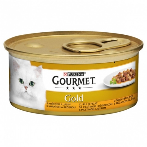 Hrana umeda pentru pisici, Bucati de carne in sos cu Pui si Ficat, conserva 85 g, Purina Gourmet Gold
