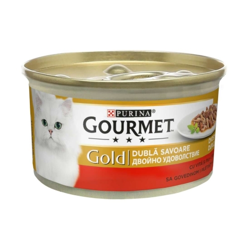 Hrana umeda pentru pisici, Bucati de carne in sos cu Pui si Vita, conserva 85 g, Purina Gourmet Gold