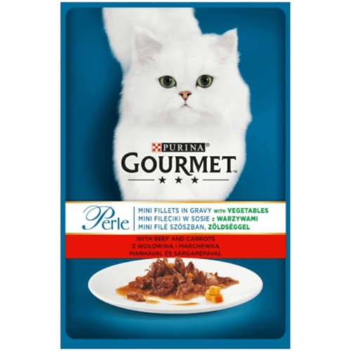 Hrana umeda pentru pisici, Mini-fileuri in sos cu Vita, Morcovi si Legume, plic 85 g, Purina Gourmet Perle