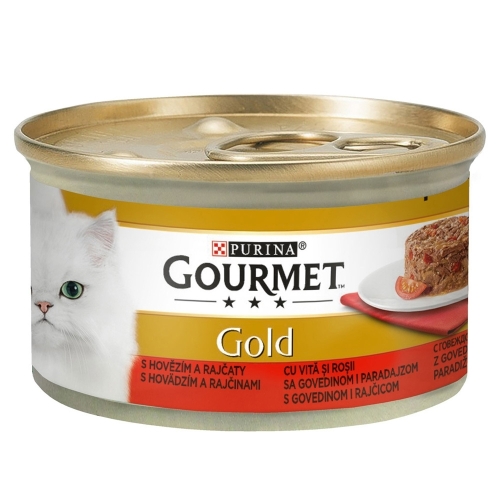 Hrana umeda pentru pisici, cu Vita si Rosii, conserva 85 g, Purina Gourmet Gold Savoury Cake 