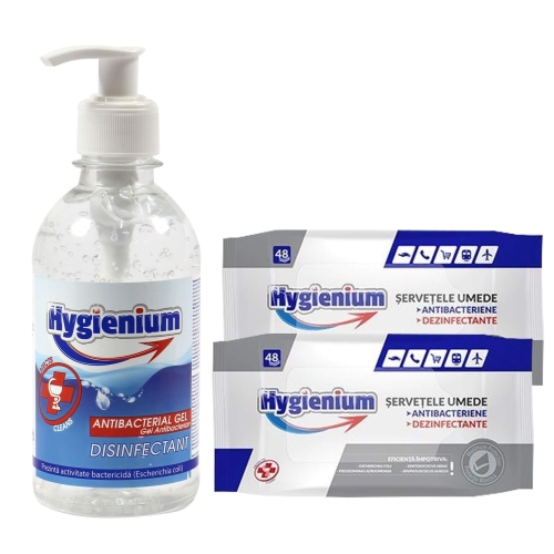 Pachet Hygienium: 1xGel dezinfectant pentru maini 300 ml + 2xServetele umede antibacteriene/dezinfectante 48 bucpe grupdzc.ro✅. Descopera gama copleta de produse la oferte speciale✅!