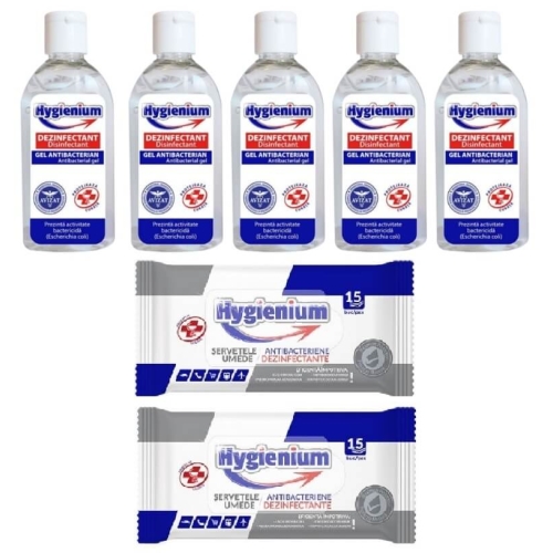 Pachet Hygienium: 5xGel antibacterian pentru maini 50 ml + 2xServetele umede antibacteriene/dezinfectante 15 bucpe grupdzc.ro✅. Descopera gama copleta de produse la oferte speciale✅!