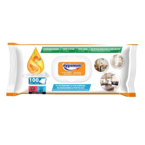 Servetele umede universale Hygienium, 100 buc, 23x21, 5 cm, cu bicarbonat si ulei esential de mandarina si portocala