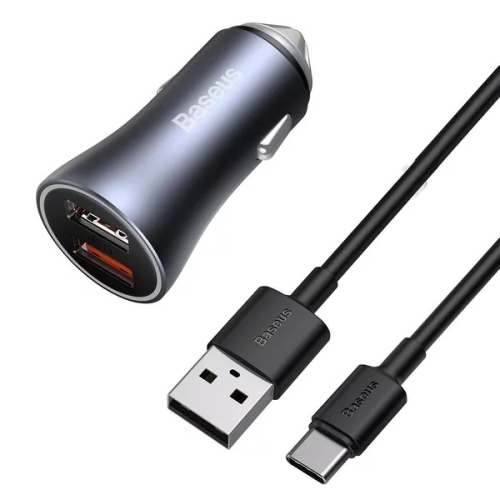 Incarcator auto Baseus Golden Contactor Pro Dual, Incarcare rapida, 2x USB, 40W, cablu USB-A la USB-C inclus, Gri
