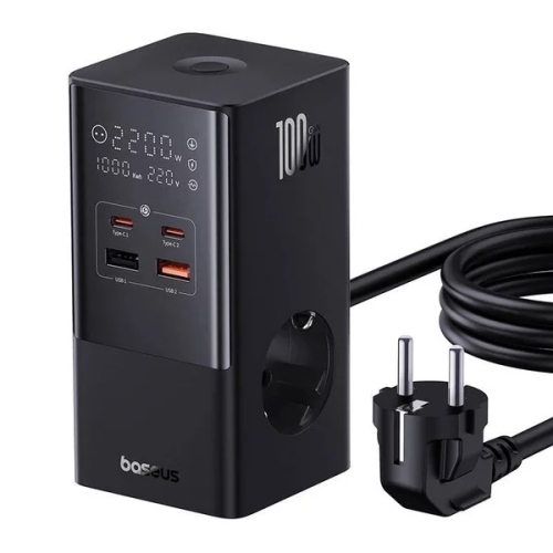 Incarcator de retea Baseus PowerCombo, cu prelungitor, 100W, 2x AC, 2x USB-C, 2x USB-A, 1.5m, Negru