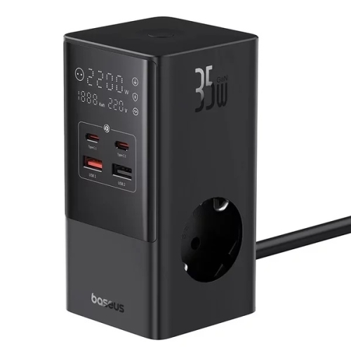 Incarcator de retea Baseus PowerCombo, cu prelungitor, 35W, 3x AC, 2x USB-C, 2x USB-A, 1.5m, Negru