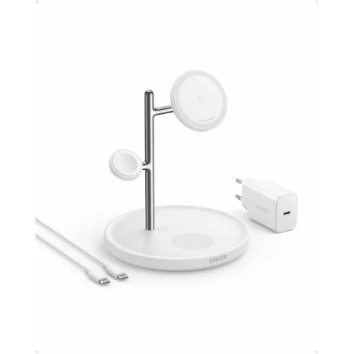 Incarcator wireless magnetic Anker MagGo 3in1, 15W, Qi2, pentru iPhone 15/14/13, AirPods Pro, Apple Watch Ultra, incarcator si cablu USB-C inclus, Alb