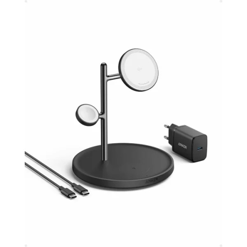 Incarcator wireless magnetic Anker MagGo 3in1, 15W, Qi2, pentru iPhone 15/14/13, AirPods Pro, Apple Watch Ultra, incarcator si cablu USB-C inclus, Negru