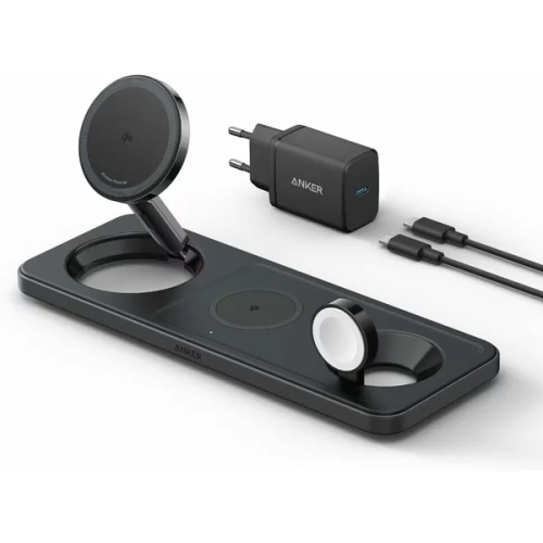 Incarcator wireless pliabil Anker MagGo 3in1 Stand, Qi2, pentru iPhone 15/14/13/12, AirPods, Apple Watch, cu incarcator si cablu USB-C inclus, Negru