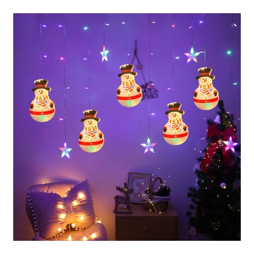 Instalatie Pom Craciun, Perdea Luminoasa Stelute + Om De Zapada, Multicolora, 2.6 0x 0.65 m