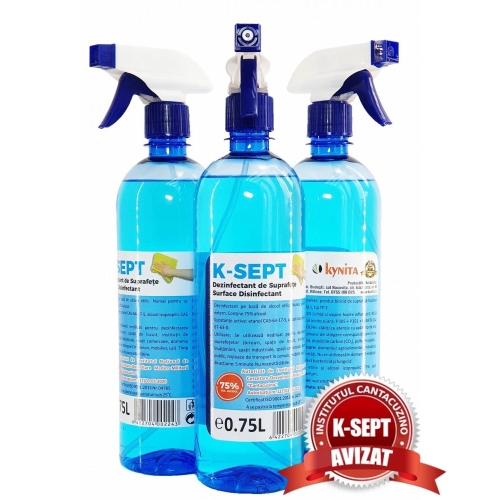 Pachet K-SEPT Virucid Dezinfectant suprafete pe baza de alcool 75%, cu pulverizator, 750 ml x 16 buc. Produs antibacterian