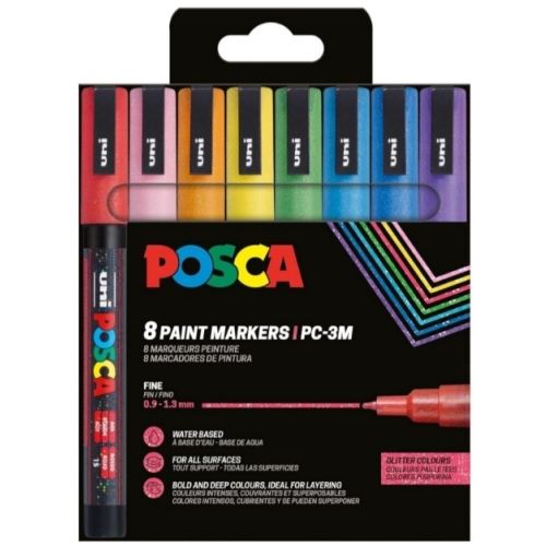 Marker UNI PC-3ML varf rotund 0. 9-1. 3 mm set 8 culori cu sclipici Posca